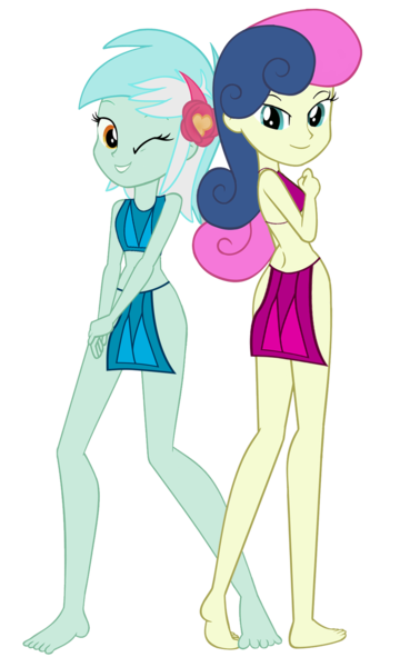 Size: 1008x1681 | Tagged: safe, artist:crazybrothersstyler2, artist:invisibleink, derpibooru import, edit, bon bon, lyra heartstrings, sweetie drops, human, equestria girls, clothes, duo, duo female, female, g4, image, lesbian, loincloth, lyrabon, png, shipping, simple background, transparent background