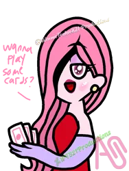 Size: 768x1024 | Tagged: safe, artist:wt821productions, derpibooru import, oc, oc:annisa trihapsari, unofficial characters only, equestria girls, blushing, dialogue, ear piercing, equestria girls-ified, g4, image, jessica rabbit, lips, lipstick, looking at you, open mouth, open smile, piercing, playing card, png, simple background, smiling, solo, transparent background, watermark, who framed roger rabbit