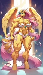 Size: 768x1344 | Tagged: prompter needed, source needed, suggestive, ai content, derpibooru import, machine learning generated, fluttershy, alicorn, anthro, pony, unguligrade anthro, abs, alicornified, biceps, bodybuilder, breasts, busty fluttershy, calves, clothes, deltoids, female, fluttercorn, g4, image, mare, muscles, muscleshy, muscular female, pecs, png, race swap, solo, starry background, thighs, thunder thighs
