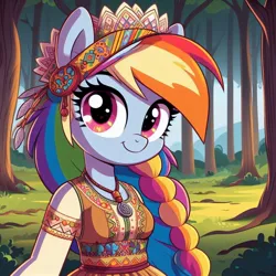 Size: 1024x1024 | Tagged: safe, ai content, derpibooru import, machine learning generated, rainbow dash, anthro, blushing, clothes, cyrillic, female, forest, image, jewelry, jpeg, nature, necklace, russian, slavic, solo, tree