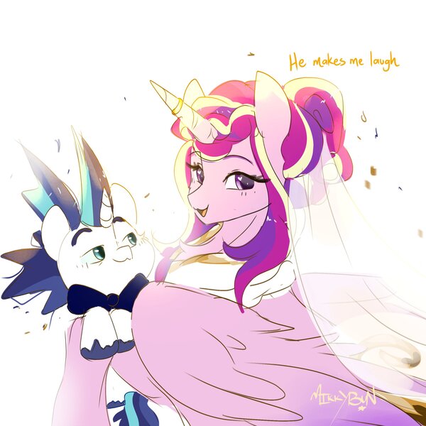 Size: 2048x2048 | Tagged: safe, artist:mikkybun, derpibooru import, princess cadance, shining armor, alicorn, pony, unicorn, alternate hairstyle, bowtie, chibi, clothes, dress, duo, duo male and female, female, high res, horn, image, jpeg, male, mare, meme, ship:shiningcadance, shipping, simple background, stallion, straight, the bride and the ugly ass groom, veil, wedding dress, wedding veil, white background
