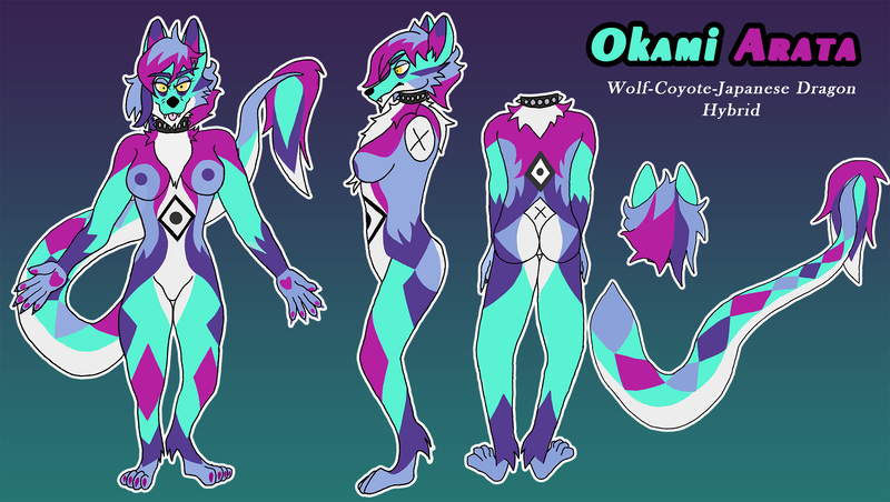 Size: 2500x1414 | Tagged: questionable, artist:okamiarata, derpibooru import, coyote, dragon, hybrid, wolf, barely pony related, breasts, furry, fursona, image, japanese dragon, jpeg, multicolor, nipples, nudity, redesign, reference, reference sheet