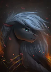 Size: 1769x2504 | Tagged: safe, artist:nettlemoth, derpibooru import, oc, unofficial characters only, pegasus, pony, bust, embers, fire, floppy ears, image, jpeg, looking offscreen, solo, turned head