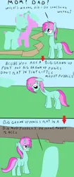 Size: 2000x4760 | Tagged: safe, artist:amateur-draw, derpibooru import, oc, oc:belle boue, unofficial characters only, earth pony, pony, unicorn, 3 panel comic, comic, father, female, horn, image, male, mare, mud, parent, png, sad, simple background, stallion, text
