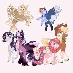 Size: 2000x2000 | Tagged: safe, artist:chimerabytes, derpibooru import, applejack, fluttershy, pinkie pie, rainbow dash, rarity, twilight sparkle, twilight sparkle (alicorn), alicorn, earth pony, pegasus, pony, unicorn, alternate design, bow, coat markings, flying, high res, hoof fluff, horn, image, long feather, mane six, patterned wings, png, size difference, socks (coat marking), spread wings, tail, tail bow, twitterina design, unshorn fetlocks, wings