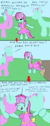 Size: 2000x4963 | Tagged: safe, artist:amateur-draw, derpibooru import, oc, oc:belle boue, unofficial characters only, earth pony, pony, unicorn, 3 panel comic, bipedal, clothes, comic, crossdressing, dress, father, father and child, father and son, female, horn, hug, image, male, mare, mother, mother and child, mother and son, mud, parent, pink dress, png, stallion, standing, text