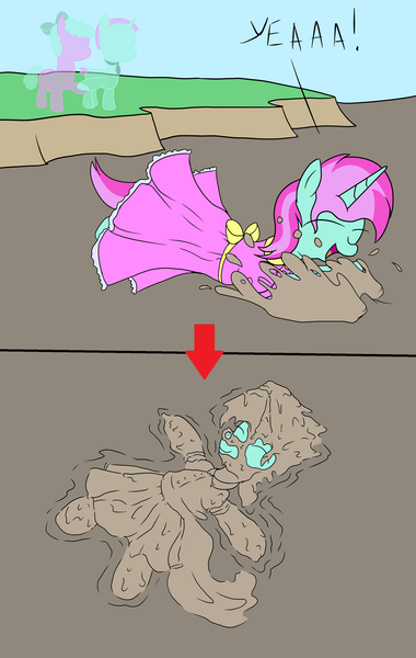 Size: 2000x3159 | Tagged: safe, artist:amateur-draw, derpibooru import, oc, oc:belle boue, unofficial characters only, earth pony, pony, unicorn, 2 panel comic, clothes, comic, covered in mud, crossdressing, dress, father, female, horn, image, male, mare, mother, mud, mud bath, muddy, pink dress, png, simple background, solo, stallion, text, wet and messy