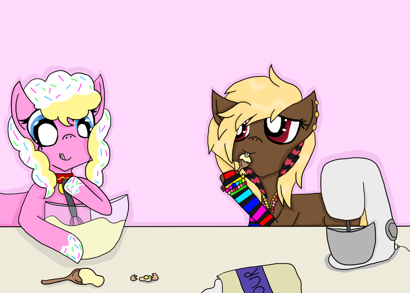 Size: 1400x1000 | Tagged: safe, artist:wolfypoof, derpibooru import, oc, unofficial characters only, earth pony, pony, :d, baking, bowl, clothes, duo, hoof hold, image, licking, mixer, mixing bowl, open mouth, open smile, png, simple background, smiling, socks, spoon, striped socks, table, tongue out, whisk