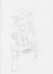 Size: 1418x1982 | Tagged: safe, artist:azirik, derpibooru import, oc, unofficial characters only, anthro, cyborg, unguligrade anthro, unicorn, female, horn, image, jpeg, looking back, monochrome, rock, sitting, solo, traditional art, weapon