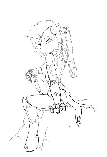 Size: 2718x3999 | Tagged: safe, artist:azirik, derpibooru import, oc, unofficial characters only, anthro, cyborg, unguligrade anthro, unicorn, female, horn, image, jpeg, lineart, looking back, monochrome, rock, simple background, sitting, solo, weapon, white background