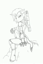 Size: 2718x3999 | Tagged: safe, artist:azirik, derpibooru import, oc, unofficial characters only, anthro, cyborg, unguligrade anthro, unicorn, female, horn, image, jpeg, lineart, looking back, monochrome, rock, simple background, sitting, solo, weapon, white background