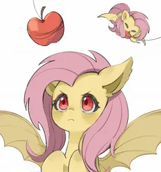 Size: 1920x2048 | Tagged: safe, artist:chonpskss, derpibooru import, fluttershy, bat pony, pony, apple, bat ponified, eating, fangs, female, flutterbat, food, image, jpeg, lying down, mare, prone, race swap, simple background, solo, spread wings, white background, wings