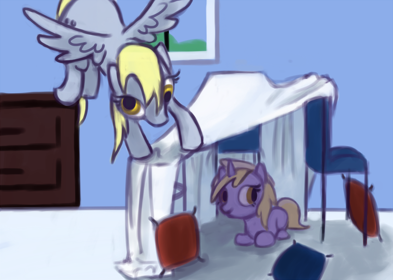 Size: 1025x731 | Tagged: safe, artist:glossyhooves, derpibooru import, derpy hooves, dinky hooves, pegasus, unicorn, chair, female, flying, fort, g4, horn, image, mother and child, mother and daughter, png