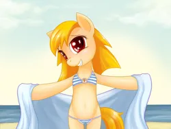 Size: 1024x768 | Tagged: artist needed, safe, derpibooru import, oc, oc:2ch-pony, unofficial characters only, pony, semi-anthro, beach, belly, belly button, bikini, bipedal, blushing, bra, bra on pony, clothes, female, g4, hind legs, image, mare, ocean, png, solo, standing on two hooves, swimsuit, towel, underwear, water