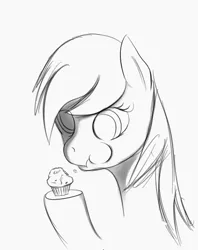 Size: 495x625 | Tagged: safe, artist:jailbait, derpibooru import, derpy hooves, pegasus, chewing, eating, eyepatch, food, image, monochrome, muffin, png, simple background, sketch, solo