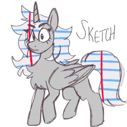 Size: 1280x1280 | Tagged: safe, artist:bunnykitty13, derpibooru import, oc, oc:sketch, unofficial characters only, alicorn, pony, alicorn oc, brown eyes, eye clipping through hair, eyebrows, eyebrows visible through hair, eyelashes, female, folded wings, gray coat, horn, image, long mane, long tail, mare, multicolored mane, multicolored tail, png, raised hoof, simple background, solo, standing, tail, text, unicorn horn, unmoving plaid, white background, wings