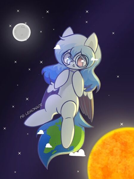 Size: 526x701 | Tagged: safe, derpibooru import, oc, oc:altersmay earth, ponified, pegasus, pony, accessory, belly, cloud, female, glasses, heterochromia, image, jewelry, jpeg, looking down, mare, moon, necklace, needs more jpeg, older, older altersmay earth, planet ponies, ponies in space, round glasses, solo, space, stars, sun, watermark