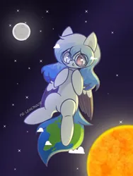 Size: 526x701 | Tagged: safe, derpibooru import, oc, oc:altersmay earth, ponified, pegasus, pony, accessory, belly, cloud, female, glasses, heterochromia, image, jewelry, jpeg, looking down, mare, moon, necklace, needs more jpeg, older, older altersmay earth, planet ponies, ponies in space, round glasses, solo, space, stars, sun, watermark