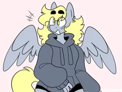 Size: 2048x1536 | Tagged: safe, artist:bunnykitty13, derpibooru import, derpy hooves, anthro, pegasus, pony, big ears, clothes, derp, ear fluff, emanata, eye clipping through hair, eyebrows, eyebrows visible through hair, female, g4, gray coat, hoodie, image, mare, pink background, png, shorts, simple background, smiling, solo, spread wings, wings, yellow eyes