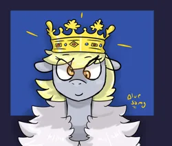 Size: 1280x1084 | Tagged: safe, artist:azulejo, derpibooru import, derpy hooves, pony, bust, crown, eye clipping through hair, female, image, jewelry, looking at you, mantle, mare, muffin queen, png, portrait, regalia, smiling, solo