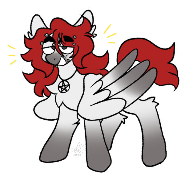 Size: 1280x1277 | Tagged: safe, artist:bunnykitty13, derpibooru import, oc, unnamed oc, unofficial characters only, pegasus, pony, beauty mark, colored muzzle, colored wings, colored wingtips, ear fluff, emanata, eye clipping through hair, eyebrow piercing, eyebrow slit, eyebrows, eyebrows visible through hair, folded wings, gradient hooves, gray eyes, image, large wings, leg fluff, lidded eyes, lip piercing, long mane male, male, pegasus oc, pentagram, piercing, png, signature, simple background, smiling, snake bites, solo, stallion, standing, thick eyebrows, two toned wings, watermark, white background, white coat, wings
