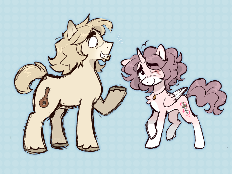 Size: 1280x960 | Tagged: safe, artist:bunnykitty13, derpibooru import, oc, oc:eliot, oc:paulie, ponified, unofficial characters only, alicorn, earth pony, pony, alicorn oc, blonde mane, blonde tail, border, brown eyes, chest fluff, coat markings, colored eartips, colored hooves, colored muzzle, colored pinnae, colored wings, colored wingtips, concave belly, curly mane, curly tail, duo, duo male, earth pony oc, emanata, eye clipping through hair, eye scar, eyebrows, eyebrows visible through hair, facial scar, folded wings, grid, height difference, horn, image, jewelry, long mane male, looking at someone, looking back, male, messy mane, messy tail, necklace, one eye closed, patterned background, physique difference, pink coat, pink mane, pink tail, png, ponified oc, profile, raised hoof, scar, short tail, shy, smiling, socks (coat marking), standing, tail, thick eyebrows, two toned wings, unshorn fetlocks, wingding eyes, wings, yellow coat