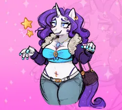 Size: 1280x1153 | Tagged: safe, alternate version, artist:bunnykitty13, derpibooru import, rarity, anthro, pony, unicorn, abstract background, belly button, belly piercing, belt, blue eyes, bra, breasts, bridge piercing, cleavage, clothes, colored eyebrows, curly mane, curly tail, denim, ear piercing, earring, emanata, eyeshadow, female, g4, horn, image, jacket, jeans, jewelry, lidded eyes, lipstick, makeup, mare, necklace, painted nails, pants, piercing, png, purple mane, purple tail, purse, raised arms, smiling, solo, sparkles, sparkly mane, sparkly tail, stars, tail, thick eyelashes, thon, underwear, unicorn horn, white coat, zoom layer