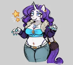 Size: 1280x1153 | Tagged: safe, alternate version, artist:bunnykitty13, derpibooru import, rarity, anthro, pony, unicorn, belly button, belly piercing, belt, blue eyes, bra, breasts, bridge piercing, cleavage, clothes, colored eyebrows, curly mane, curly tail, denim, ear piercing, earring, emanata, eyeshadow, female, g4, gray background, horn, image, jacket, jeans, jewelry, lidded eyes, lipstick, makeup, mare, necklace, painted nails, pants, piercing, png, purple mane, purple tail, purse, raised arms, simple background, smiling, solo, sparkly mane, sparkly tail, stars, tail, thick eyelashes, thon, underwear, unicorn horn, white coat