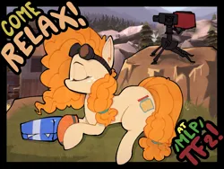 Size: 1200x900 | Tagged: safe, derpibooru import, pear butter, earth pony, pony, /mlp/ tf2 general, g4, goggles, goggles on head, image, intel, png, rock, sentry, sentry gun, team fortress 2, text