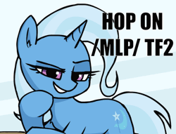 Size: 786x600 | Tagged: safe, derpibooru import, trixie, pony, unicorn, /mlp/ tf2 general, animated, g4, gif, hop on tf2, horn, image, impact font, text
