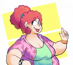 Size: 870x774 | Tagged: safe, artist:punkittdev, derpibooru import, pinkie pie, human, blue eyes, blushing, bracelet, breasts, busty pinkie pie, cleavage, clothes, curly hair, eye clipping through hair, eyebrows, eyebrows visible through hair, eyelashes, fat, female, g4, humanized, image, jewelry, light skin, looking back, obese, open clothes, open shirt, passepartout, pink hair, png, pudgy pie, raised arm, raised finger, shirt, simple background, smiling, solo, tied hair, tongue out, undershirt, white background, wingding eyes