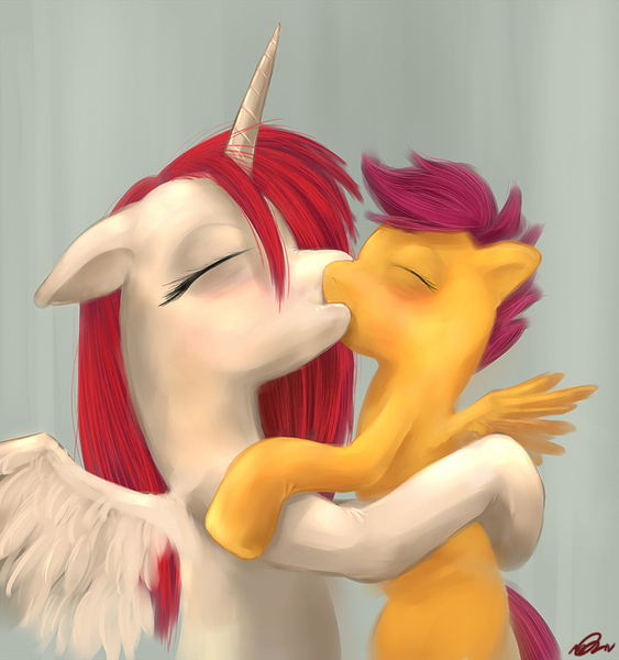 Size: 751x800 | Tagged: questionable, artist:ninthsphere, derpibooru import, scootaloo, ponified, alicorn, pegasus, pony, duo, foalcon, image, jpeg, kiss on the lips, kissing, lauren faust, underage