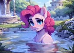 Size: 2048x1472 | Tagged: safe, ai content, derpibooru import, machine learning generated, prompter:raif, stable diffusion, pinkie pie, earth pony, pony, building, day, female, flower, fountain, g4, generator:easyfluff v11.2, heart, illustration, image, looking at you, park, png, smiling, smiling at you, solo, tree, wallpaper, water, watermark