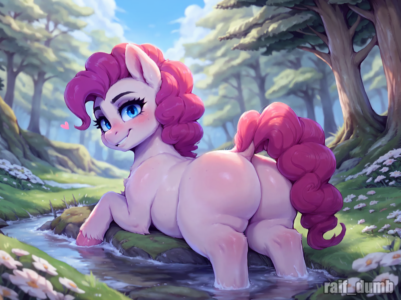 Size: 2048x1536 | Tagged: safe, ai content, derpibooru import, machine learning generated, prompter:raif, stable diffusion, pinkie pie, earth pony, pony, butt, day, female, flower, g4, generator:easyfluff v11.2, heart, illustration, image, looking at you, park, png, river, smiling, smiling at you, solo, stream, tree, wallpaper, water, watermark