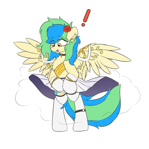 Size: 2700x2700 | Tagged: safe, alternate version, artist:hcl, derpibooru import, oc, oc:hcl, unofficial characters only, pegasus, pony, bipedal, chest fluff, choker, clothes, dress, ear fluff, exclamation point, eye clipping through hair, eyebrows, eyebrows visible through hair, flower, flower in hair, image, marilyn monroe, open mouth, png, socks, solo, spread wings, stockings, surprised, thigh highs, wings