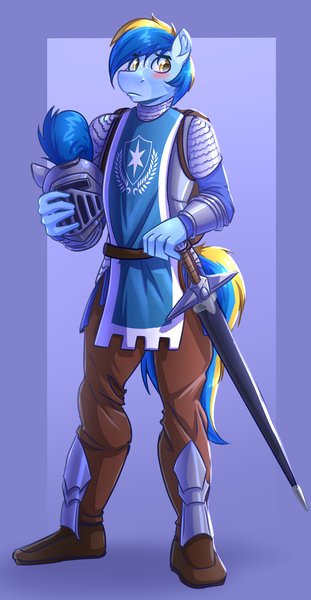 Size: 1952x3760 | Tagged: safe, artist:witchtaunter, ponerpics import, ponybooru import, oc, unnamed oc, anthro, earth pony, plantigrade anthro, pony, abstract background, armor, backpack, belt, blushing, chainmail, commission, cute, digital art, freckles, greaves, helmet, image, knight, male, medieval, png, scabbard, solo, solo male, stallion, sword, tabard, vambrace, weapon