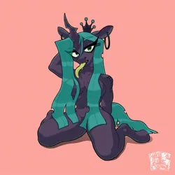Size: 2160x2160 | Tagged: suggestive, artist:fizzlesoda2000, derpibooru import, queen chrysalis, anthro, changeling, changeling queen, unguligrade anthro, arm behind head, belly button, breasts, busty queen chrysalis, ear piercing, equestrian stories, female, godiva hair, image, jpeg, kneeling, long tongue, looking at you, nudity, piercing, pink background, silva hound, simple background, smiling, smiling at you, solo, solo female, song cover, strategically covered, tongue out
