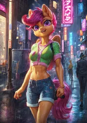 Size: 1024x1440 | Tagged: safe, ai content, derpibooru import, machine learning generated, prompter:star-dragon, stable diffusion, scootaloo, anthro, pegasus, breasts, bust, cyberpunk, female, g4, generator:pony diffusion v6 xl, image, neon, png, portrait, rain, solo