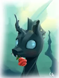 Size: 3072x4096 | Tagged: safe, artist:gemm, derpibooru import, oc, unofficial characters only, changeling, pony, bust, fangs, flower, flower in mouth, image, mouth hold, png, rose, rose in mouth, solo