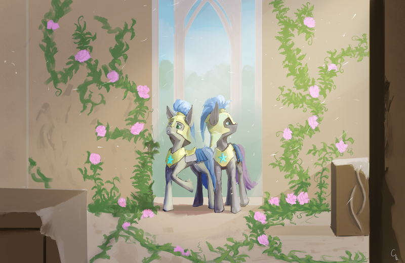 Size: 6156x4000 | Tagged: safe, artist:gemm, derpibooru import, oc, unofficial characters only, earth pony, pony, armor, castle, duo, image, overgrown, png, royal guard