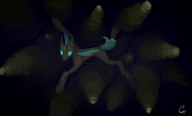 Size: 4490x2715 | Tagged: safe, artist:gemm, derpibooru import, oc, unofficial characters only, changeling, pony, cave, image, png, solo, stalagmite