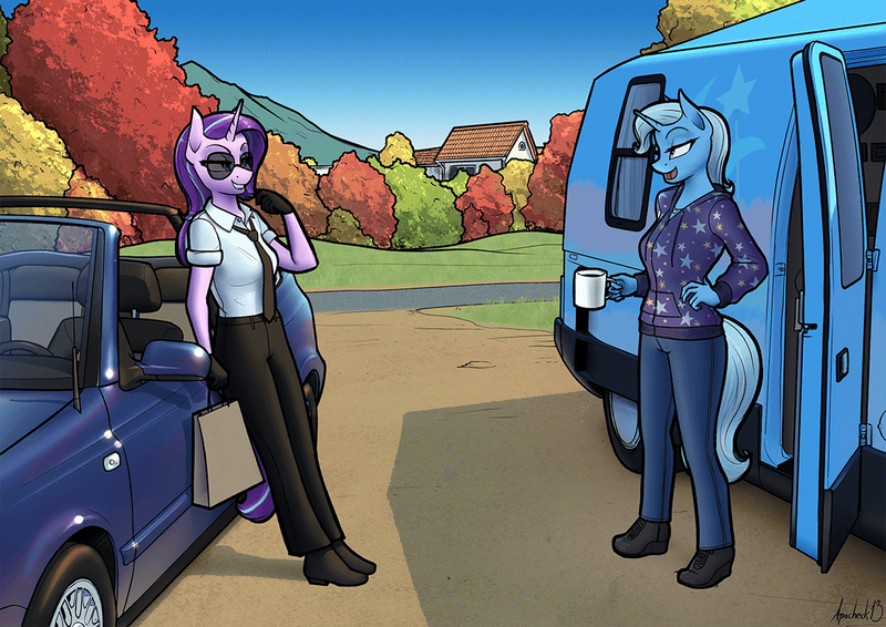 Size: 1160x820 | Tagged: safe, artist:apocheck13, derpibooru import, starlight glimmer, trixie, anthro, plantigrade anthro, unicorn, aviator glasses, bag, car, clothes, commission, commissioner:citizenwolf, female, gloves, golf 3 convertible, horn, image, lesbian, motorhome, mug, necktie, outdoors, png, shipping, shirt, startrix, suit, sunglasses, tree, van, vixen 21td, volkswagen