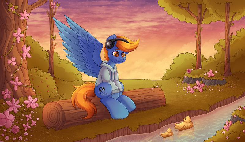 Size: 7647x4434 | Tagged: safe, artist:madelinne, artist:madelinneart, derpibooru import, oc, oc:rio tunehoof, unofficial characters only, bird, duck, pegasus, pony, clothes, cloud, flower, headphones, hoodie, image, pegasus oc, png, river, sitting, sky, solo, sunset, tree, water, wings