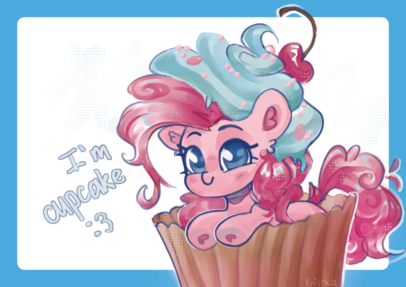 Size: 4960x3508 | Tagged: safe, artist:krista-21, derpibooru import, pinkie pie, earth pony, cherry, chibi, cream, cupcake, curly hair, cute, diapinkes, food, hoof heart, image, png, simple background, sitting, solo, text, underhoof