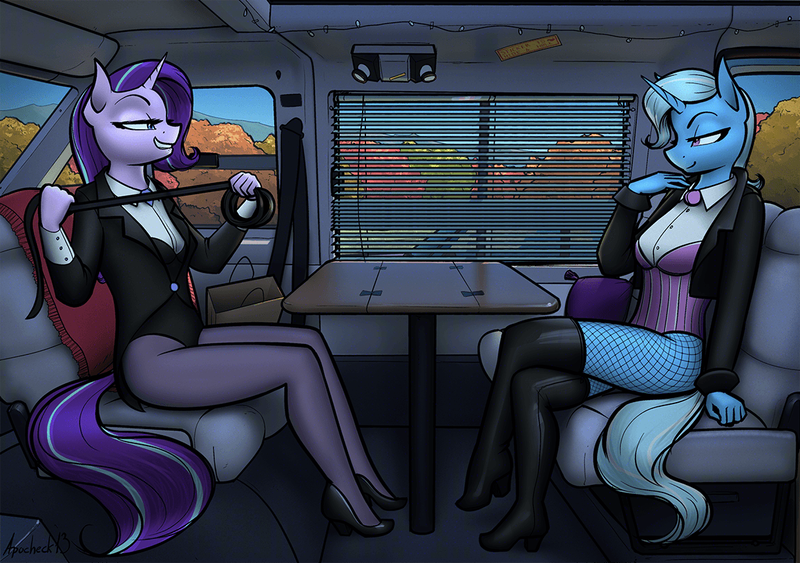 Size: 1158x815 | Tagged: questionable, artist:apocheck13, derpibooru import, starlight glimmer, trixie, anthro, plantigrade anthro, unicorn, blinds, boots, clothes, commissioner:citizenwolf, female, fishnets, high heel boots, high heels, horn, image, leash, lesbian, magician, magician outfit, pantyhose, png, shipping, shoes, socks, startrix, sticker, stockings, table, thigh boots, thigh highs
