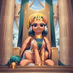 Size: 1536x1536 | Tagged: safe, ai content, derpibooru import, generator:autismmixpony, machine learning generated, stable diffusion, somnambula, pegasus, pony, ancient egypt, bracelet, clothes, cloud, column, curtains, egypt, egyptian headdress, egyptian pony, female, frown, g4, gold, hoof shoes, image, jewelry, looking at you, looking down, looking down at you, low angle, makeup, mare, mascara, palm tree, partially open wings, png, prompter:tyto4tme4l, regal, sitting, sky, solo, tail, tail jewelry, throne, tree, wings
