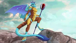 Size: 2560x1440 | Tagged: safe, artist:leopon276, derpibooru import, princess ember, anthro, digitigrade anthro, dragon, armor, bloodstone scepter, dragon horns, dragon lands, dragon wings, dragoness, female, frills, g4, horns, image, jpeg, solo, spread wings, standing, tail, wings