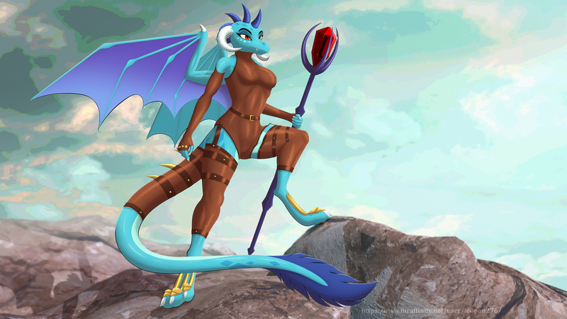 Size: 2560x1440 | Tagged: safe, alternate version, artist:leopon276, derpibooru import, princess ember, anthro, digitigrade anthro, dragon, bloodstone scepter, breasts, dragon horns, dragon lands, dragon wings, dragoness, female, frills, g4, hips, horns, image, jpeg, leather, solo, spread wings, standing, tail, thighs, waist, wings