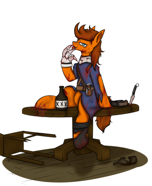 Size: 2925x3575 | Tagged: semi-grimdark, artist:ashel_aras, derpibooru import, oc, oc:blitzhoof, unofficial characters only, pony, alcohol, blood, clothes, commission, costume, drink, image, knife, png, prosthesis, solo