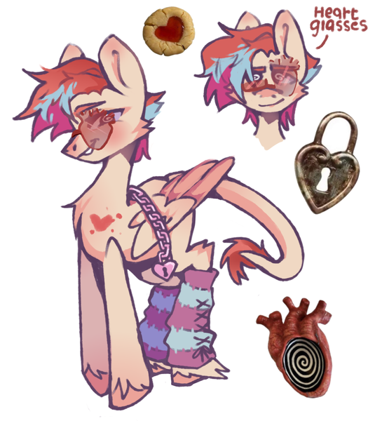 Size: 1056x1184 | Tagged: safe, artist:roofoos_rebirth, derpibooru import, oc, oc:cardia, unofficial characters only, pegasus, pony, adoptable, adopted, ambiguous gender, birthmark, blank flank, chained, chains, chest fluff, clothes, glasses, gradient mane, image, leg warmers, leonine tail, owner:squeezymouse, png, reference sheet, simple background, solo, standing, swirly eyes, tail, unshorn fetlocks, white background, wingding eyes